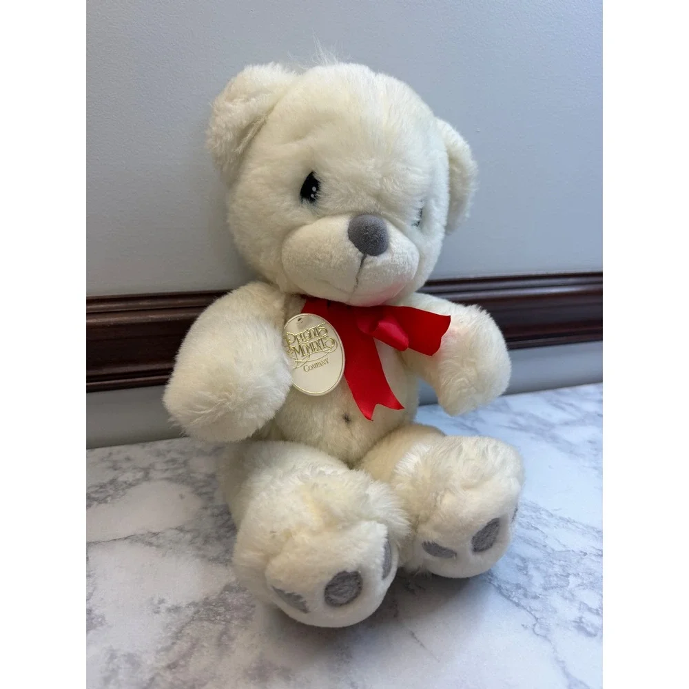 Precious Moments White Teddy Bear Plush Red Ribbon Teal Eyes Vintage Collectible